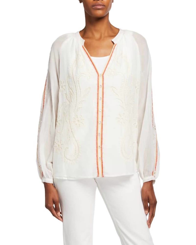 Front of a model wearing a size XL Rosa Eyelet Cotton Peasant Blouse in Antique White in Antique White by Johnny Was. | dia_product_style_image_id:333417